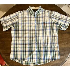 US Polo Assn Mens XL Short Sleeve Button Down Plaid Shirt Blue Green White